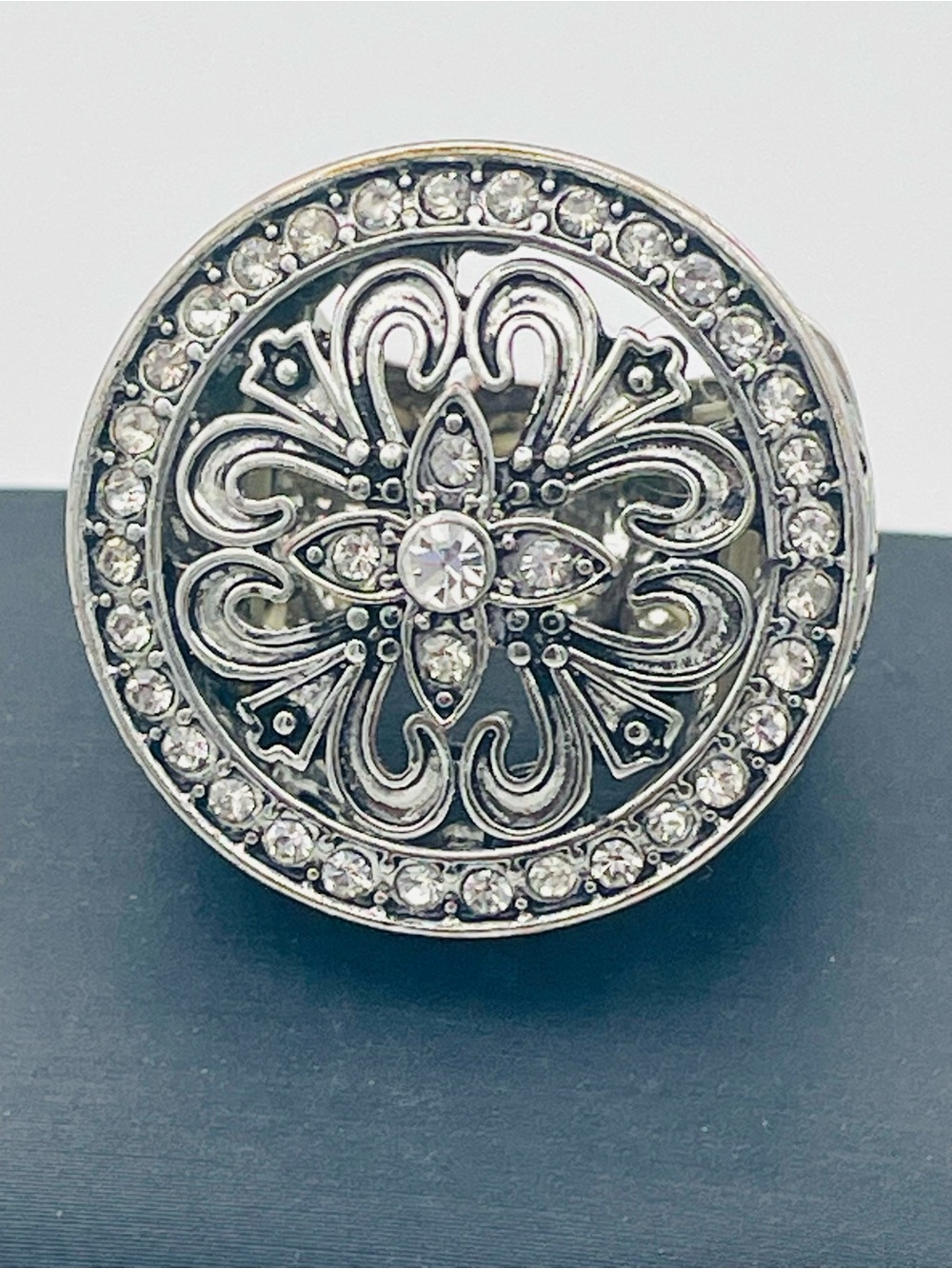 Silver-Tone Floral Filigree Crystal Statement Stretch Ring - Silver Tone. Size 8
